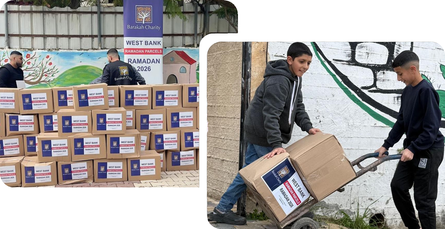 Volunteers and kids handle Barakah Charity Ramadan 2026 food parcels in the West Bank.